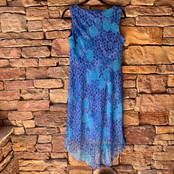 VTG Y2K 10 Asymmetrical Blue Floral High Low Midi Tank Dress 90s Fairy Whimsy - Picture 2 of 13